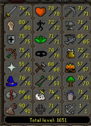 Main - 97 CB - 1651 TTL - 260 QP - MM2 - DS2 - SOTE - WGS - RFD - Thieving Pet - DD - Graceful - Construction 90, photo 1 of 6